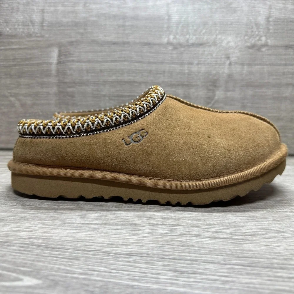 UGG Tasman Slippers Kids Size 3 Chestnut Brown Suede Braided Trim 1019066K